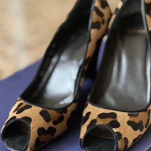 Stuart Weizmann Kayo Cognac Leopard Hair Peep Toe wedge heel